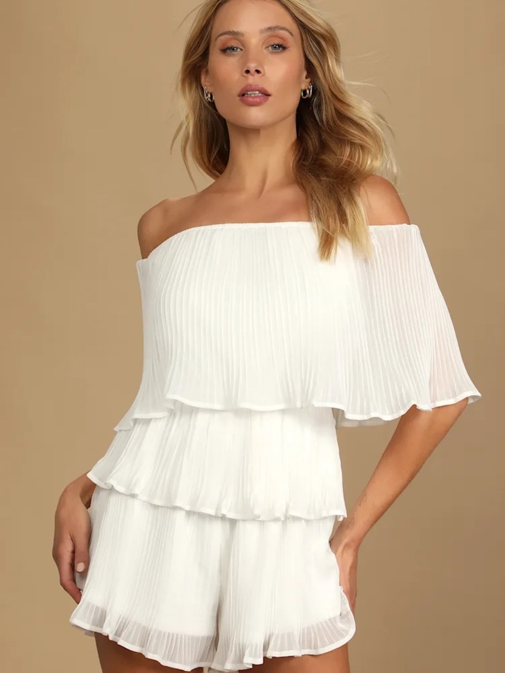 Lulus Gala Ready White Pleated Off-the-Shoulder Romper XS Party Mini Summer